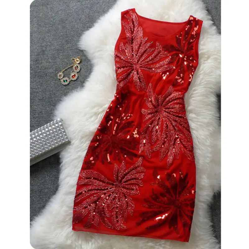 

2019 High Quality Women's Elegant Sequin Sleveless Mini Dress Ladies Evening Party Formal Fashion Sexy Dress Vestidos Verano