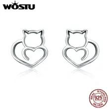 WOSTU,, подлинные 925 пробы серебряные серьги-гвоздики с милым котом для женщин, модные ювелирные изделия из стерлингового серебра FIE271