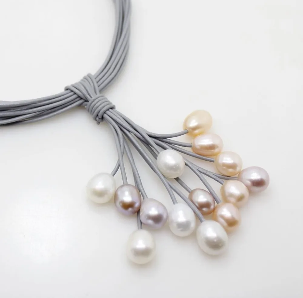 01 12 мм rel blanc rose violet perle d'eau douce pendentif collier en cuir cordon Magnet fermoir bijoux de mode|Ожерелья| |