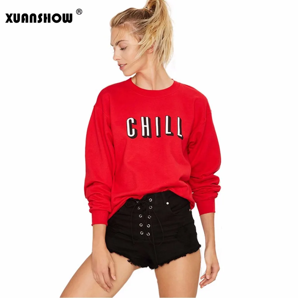 Женская толстовка с надписью CHILL пуловер круглым вырезом Осень зима 2019|women