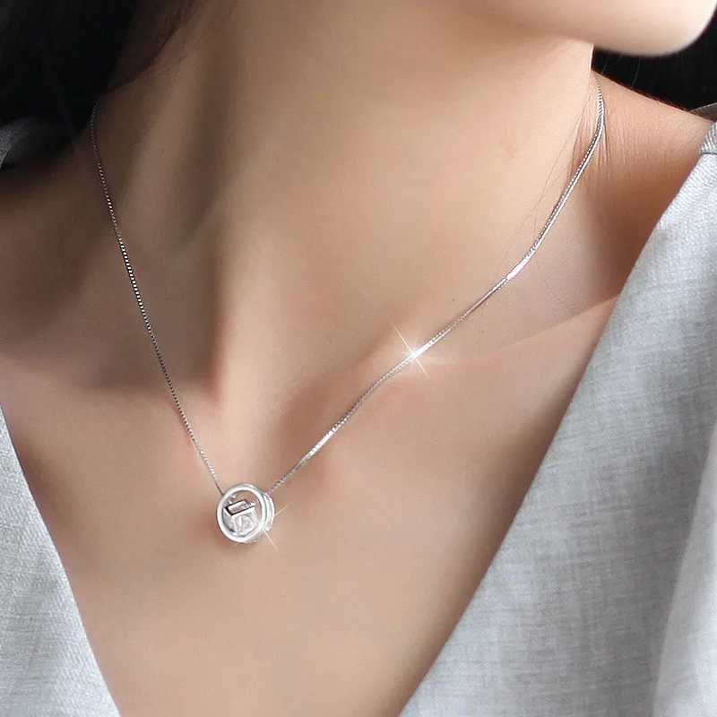 

New 925 Sterling Silver Cube Circle Zircon Necklaces Pendant Fashion Sterling Silver Jewelry Statement for Women Bijoux