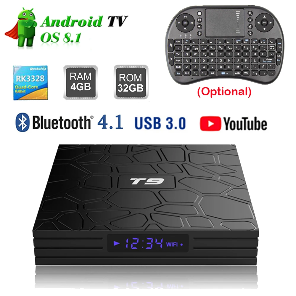

T9 Android 9.0 TV Box 4GB RAM 32GB ROM RK3328 Quad Core USB 3.0 Smart TV 4K HD Set-top Box 2.4G WIFI Bluetooth 4.1 Media Player