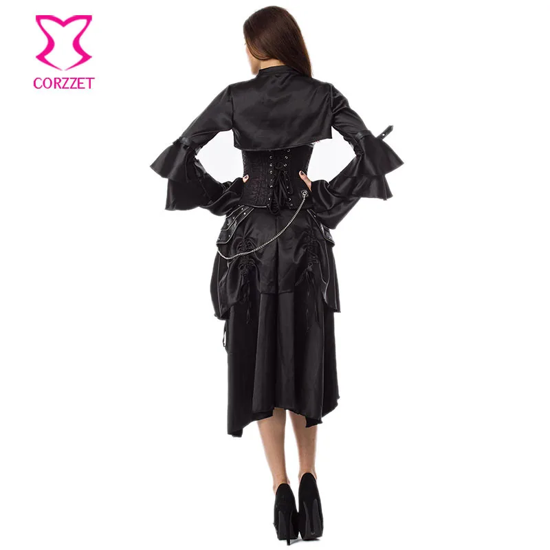 Готический костюмы для женщин корсеты стимпанк костюмы черный цветочный жаккард сталь костей грудью корсет юбка Бурлеск наряды