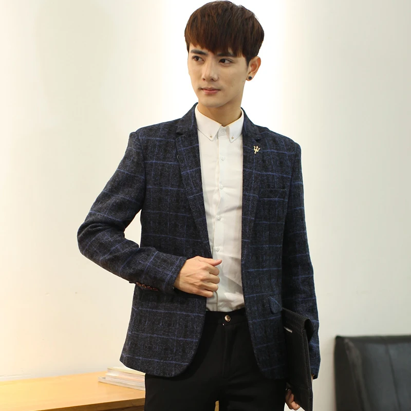 2019 spring new men's casual small youth Korean version of the self-cultivation British Thick plaid suit costume Gray Khaki