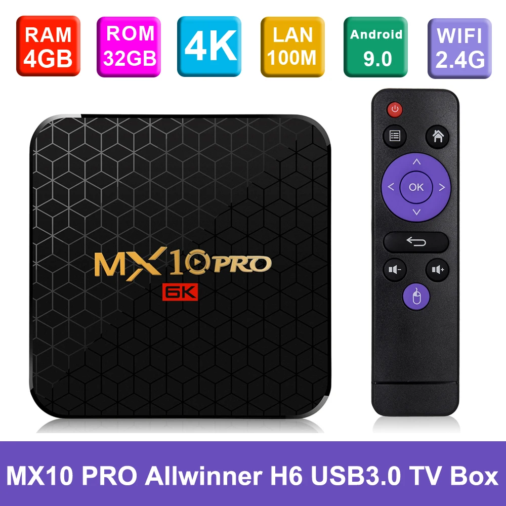 MX10 PRO Android tv Box 4 Гб+ 32 ГБ/64 Гб 2,4G WiFi Smart Android 9,0 телеприставка Allwinner H6 UHD 4K USB3.0 H.265 VP9 медиаплеер