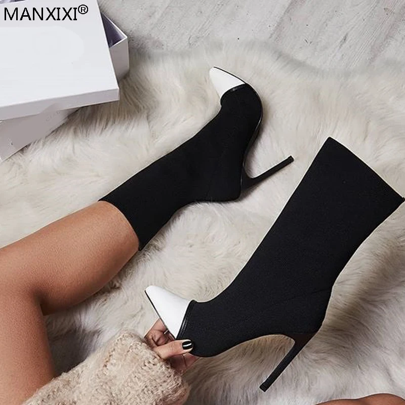 

Women's winter boots pointed Toe sock Booties Black sexy thin high heels pumps Female shoes Slip-on stretch Fabric Boots