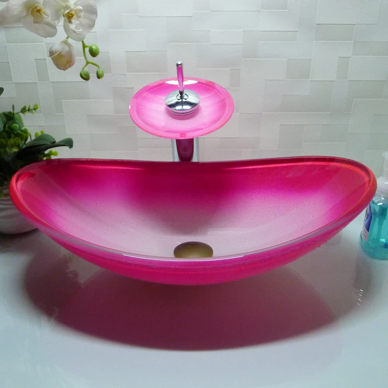 Cool pink pedestal sink for sale Oval Bathroom Tempered Glass Pink Counter Top Wash Basin Cloakroom Hand Painting Above Vessel Sink Washing Bowl Hx014 Faucet Mixerbasin Aliexpress