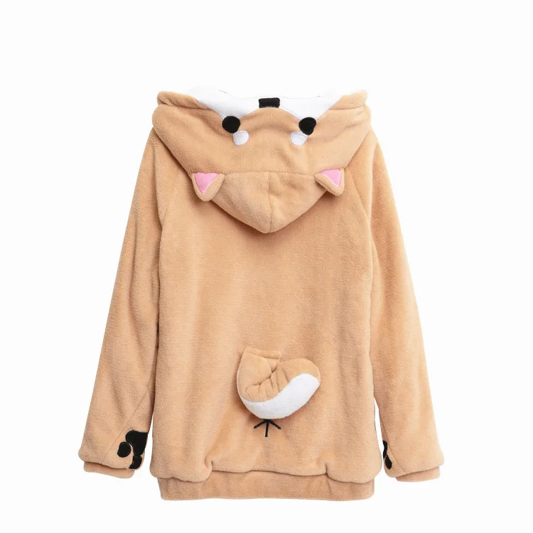 Harajuku Shiba Inu Doge Kawaii Hoodies Women Sweatshirts With Ears Hooded Plush Coat Cartoon Anime Warm Winter Sweatshirt