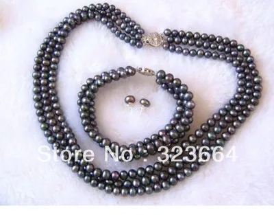 

Hot Sell ! Charming 3 Rows 7-8mm natural Black Pearl sets