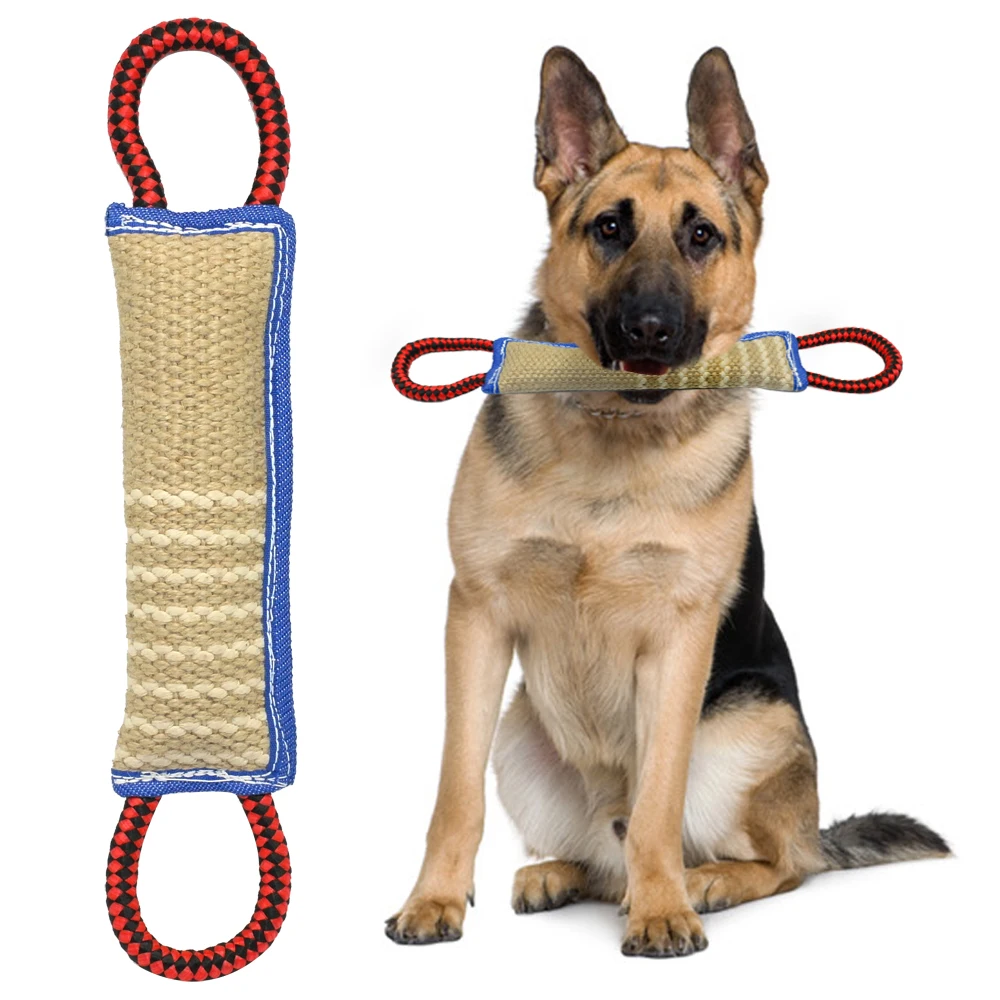 Jute Dog Bite Tug Toy with 2 Handle Durable Training Chewing Play Toys for K9 