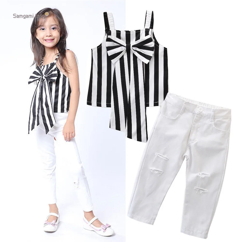 

2019 New Toddler Baby Girls Clothes Outfits Off Shoulder Halter Camis Crop Long Striped Tops Blouse white Trousers 2-7T