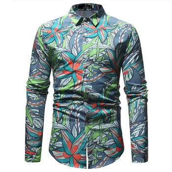 

Fancy Flower Print Men Shirt Nice Spring Autumn Slim Fit Long Sleeve Hawaiian Dress Shirts Male Holiday Party Casual Tops
