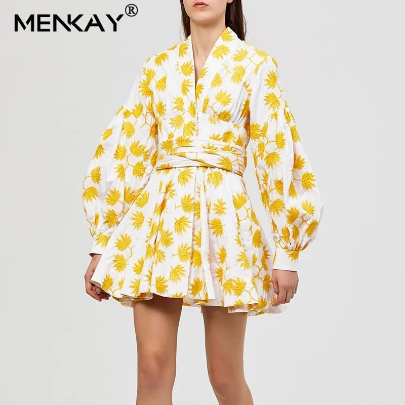 

[MENKAY] Elegant Vintage Floral Print Dress Hem Lace Up Womens Sheer Lantern Sleeve Casual Female Streetwear 2019 New Clothing