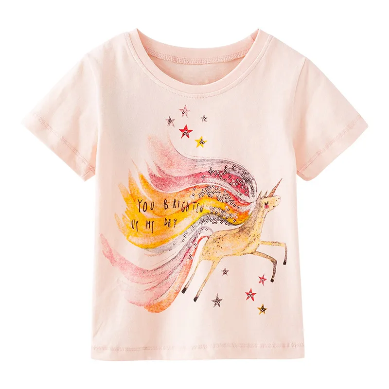 

Little Maven New Summer Kids Clothing Short O-neck Flesh Pegasus Cartoon Stars Printed Knitted Cotton Girls Casual Tshirts Tee