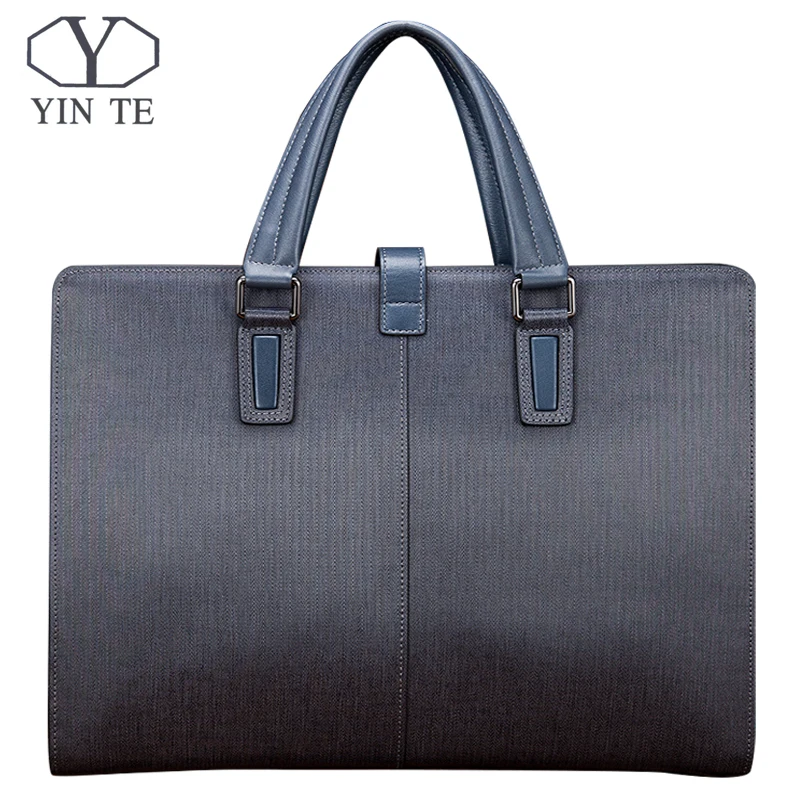 

YINTE Men's Handbag Leather Bag Famous Fashion Young Handbag Business Briefcase Blue Color Office Lawyer Bag Male Totes T8387