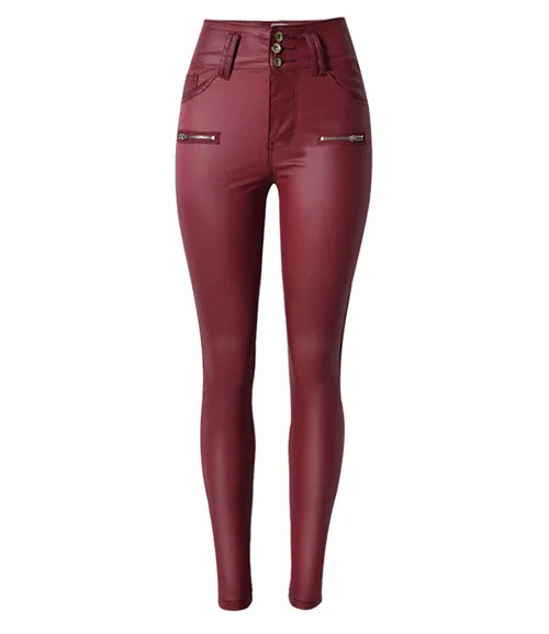 Большие размеры с высокой талией европейские модные кожаные узкие джинсы винно-красные узкие джинсы из искусственной кожи sculpt slim pencil pants 3 пуговицы - Цвет: wine red