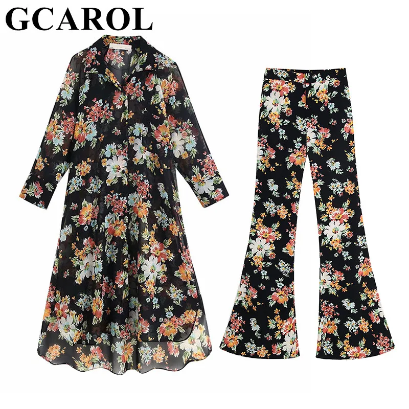 

GCAROL 2019 Women’sets Floral Black Long Shirt And Flare Pants 2 Pieces Sets Asymmetric Blouse 2 Pockets Full Pants Outfits