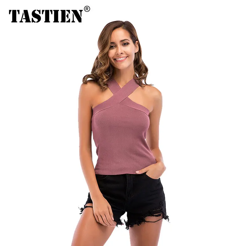 TASTIEN 2018 Sexy Tank Tops Women Cross Neck Bare Chest White Tops