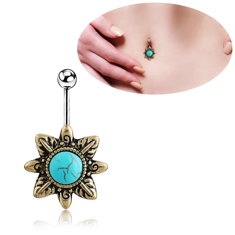 

Vintage Ornament Flower Color Center Stainless Steel Navel Belly Ring Barbel