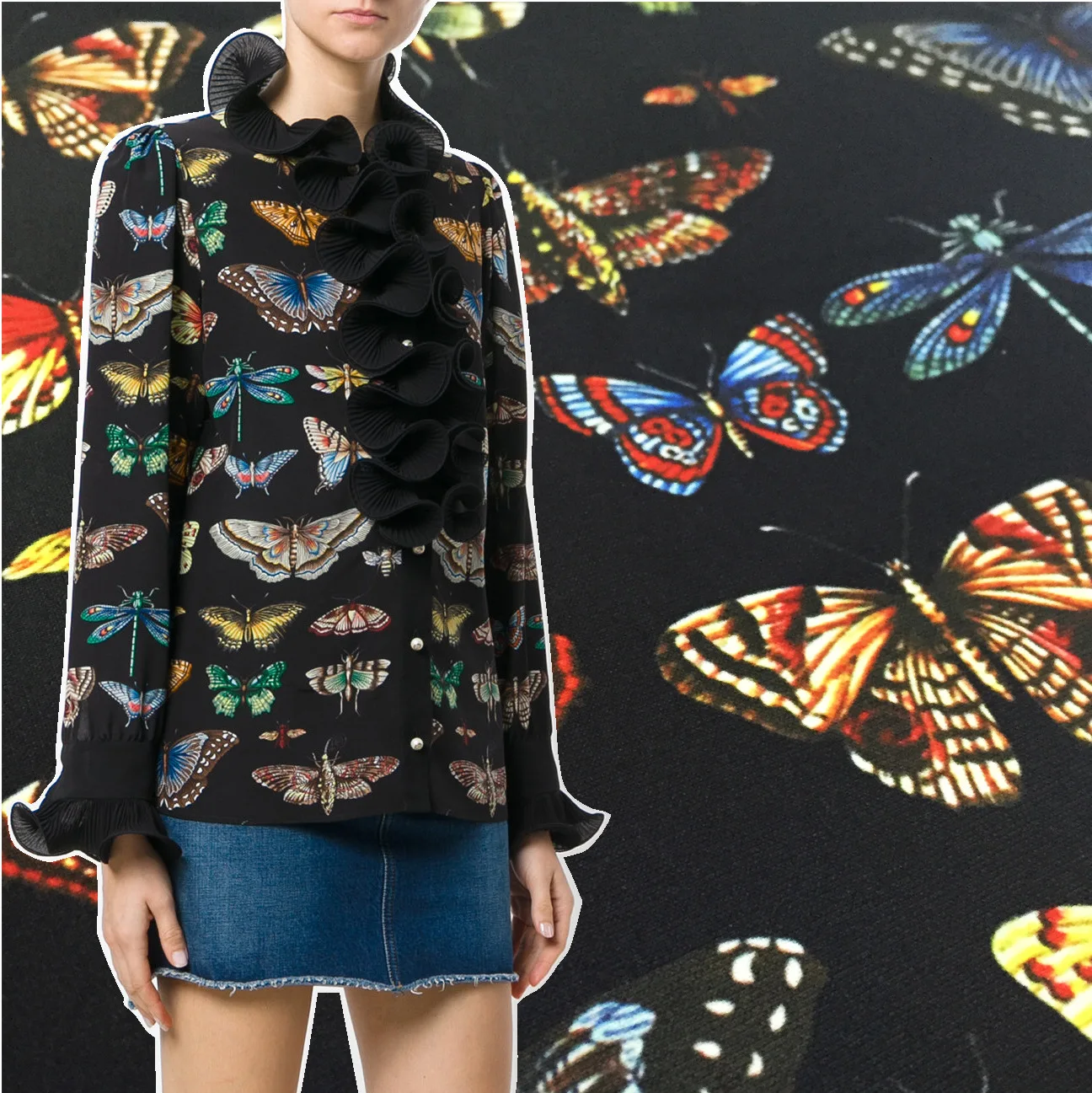 

Hot spring and summer high-end brand with the same paragraph hand-painted butterfly custom printed cloth shirt pants dress diy