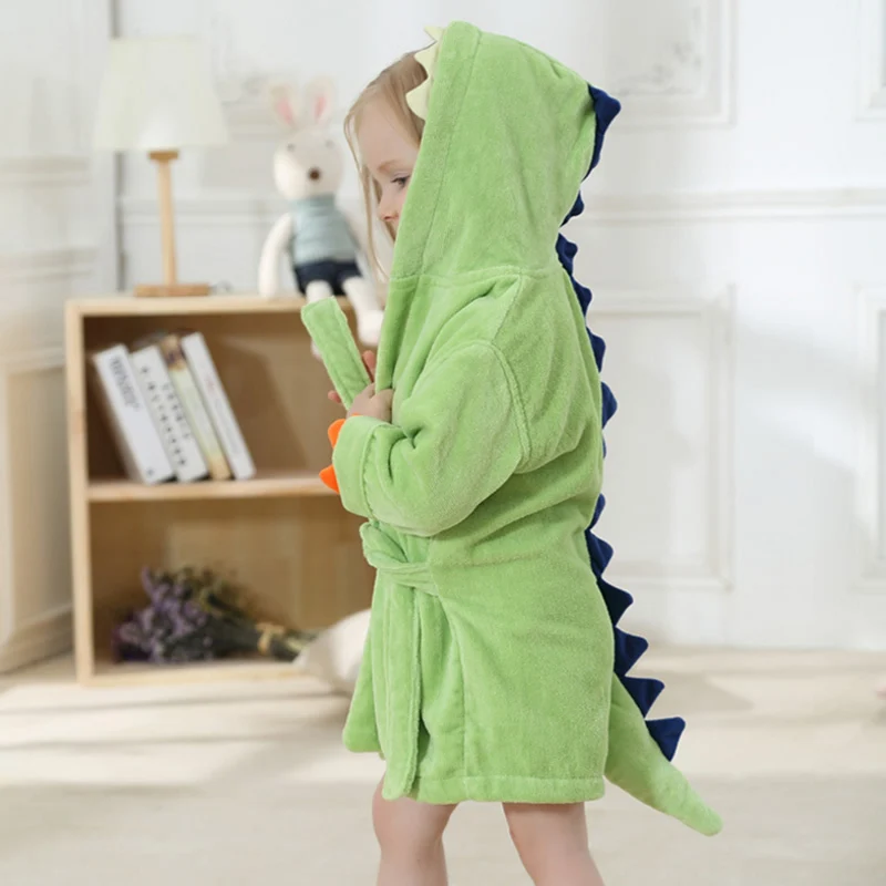 Fashion Baby Girls Bathrobes Green Dinosaur Robe Cartoon Towel Kid Spring Autumn Bathing Suits Animal Hooded Nightgown