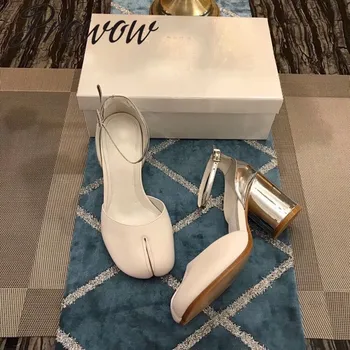 

Prowow New Genuine Leather Metallic Pink Beige Summer Pumps Round Toe Thick Heel HIgh Heel Sandals Pumps Shoes Women