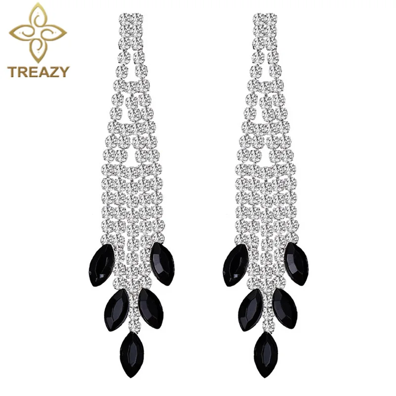 TREAZY 2018 New Fashion Rhinestone Bridal Long Earrings Black Crystal Leaf Shape Dangle for Women Wedding Brincos | Украшения и