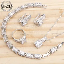 925 пробы серебряные свадебные белые CZ камни Ювелирные наборы Свадебные серьги для женщин ювелирные изделия кольца браслет ожерелье набор подарочная коробка
