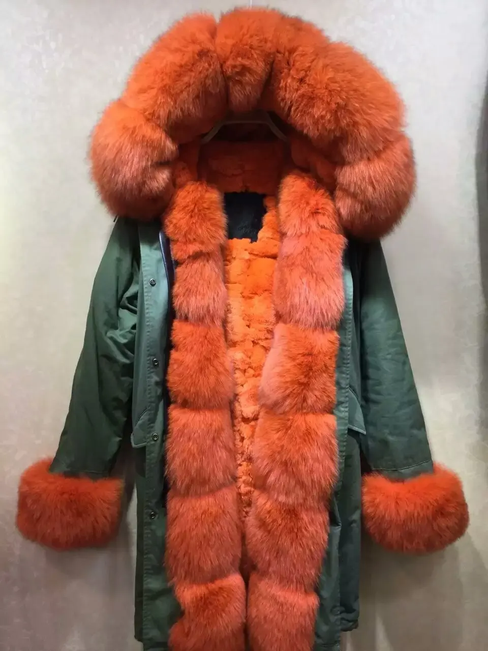 

Orange Russia Luxury Fur Parka Winter Women Long Style Thick Orange Fox Fur Cuffs&Placket Fur Overcoat