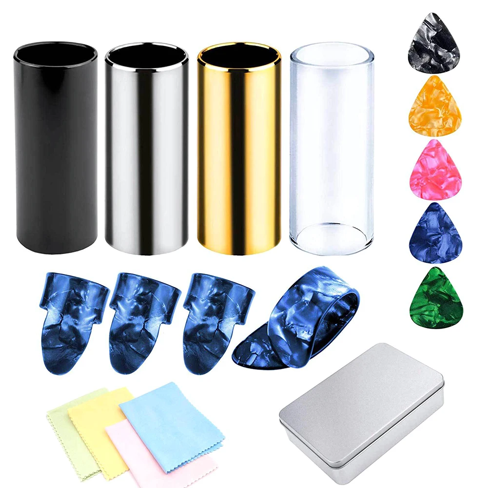 Practical Stainless Steel Finger Picks Reusable Guitar Slides Set With