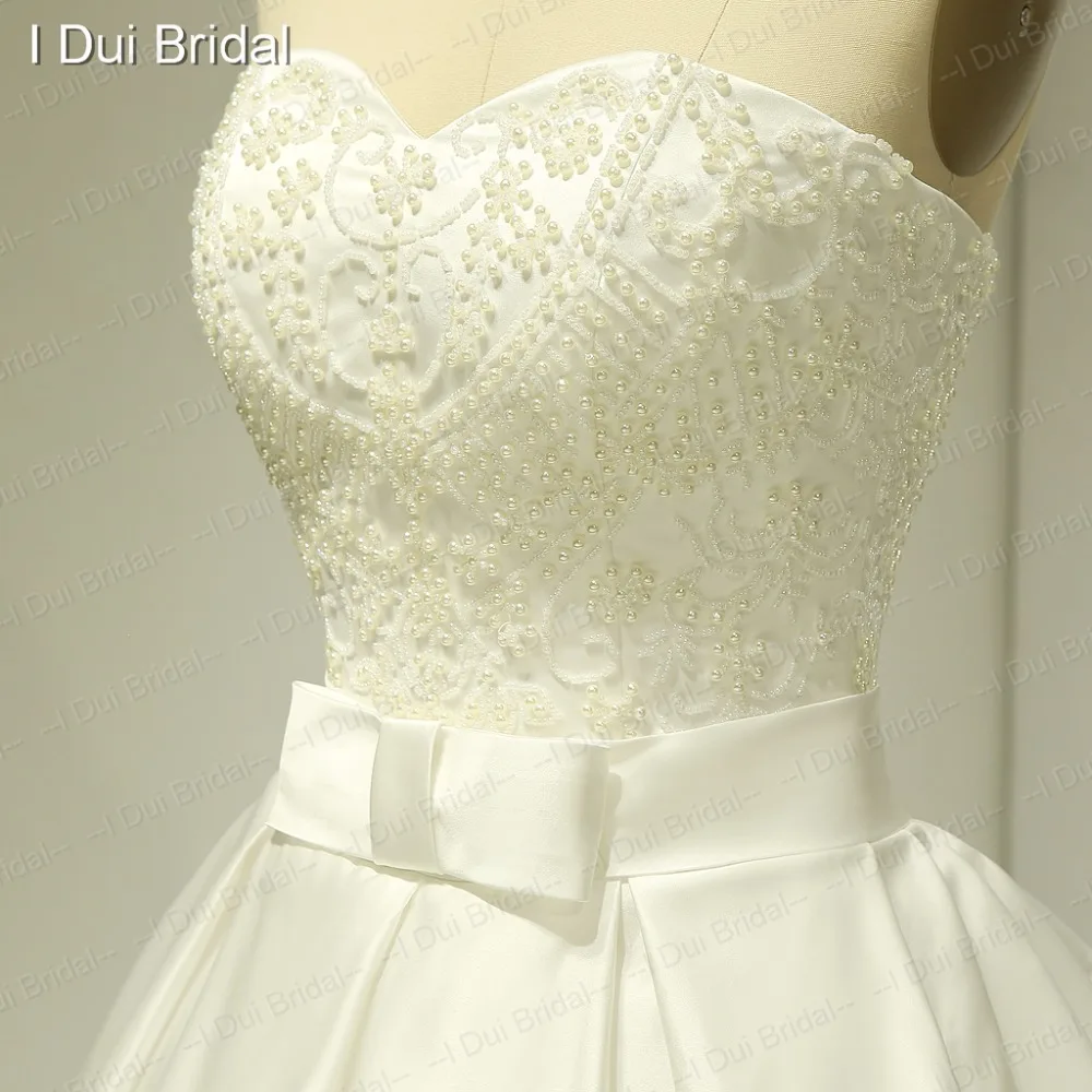 Атласное свадебное платье с карманом полумилое жемчужное вышитое бисером галстук-бабочка настоящая фотография изготовленный на заказ ELS 014