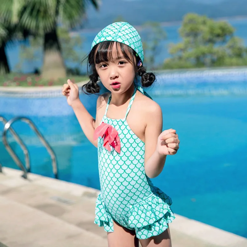 Детские цельные купальники для девочек, купальные костюмы с оборками, детский купальник с бантом+ шапочка для плавания