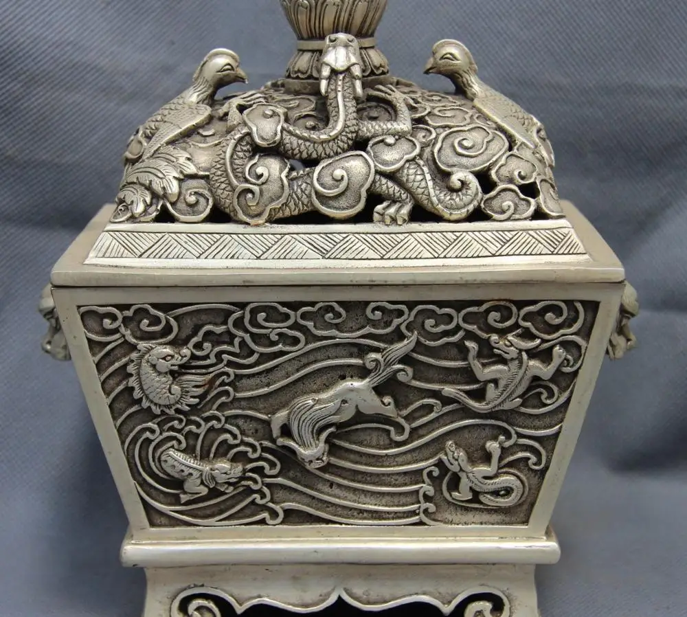

Tibet Monastery White Copper Silver Dragon Bird Beast Jar Censer incense burner