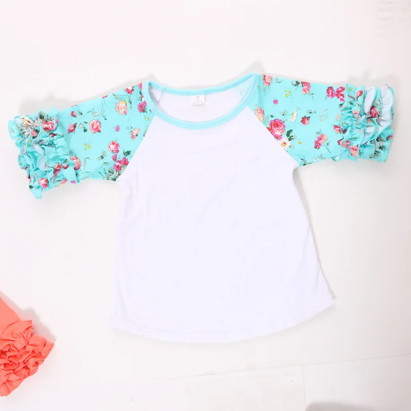 Футболка с оборками Топы с короткими рукавами для девочек рубашки для девочек детская одежда с пышным Регланом и цветочным принтом - Цвет: mint flower