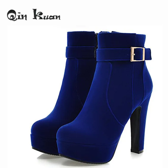 

Qin Kuan Lady Spike Heel Paltform Wedding Shoes Bridal Buckle Zipper Ankle Boots Women Brand Ankle European Martin Boots 34-43