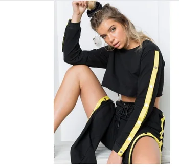 

2017 New Fashion 2 Piece Clothing Set Women Black Short Crop Top And Side Split Pants Suit ladies Sexy Two Piece Tracksuit