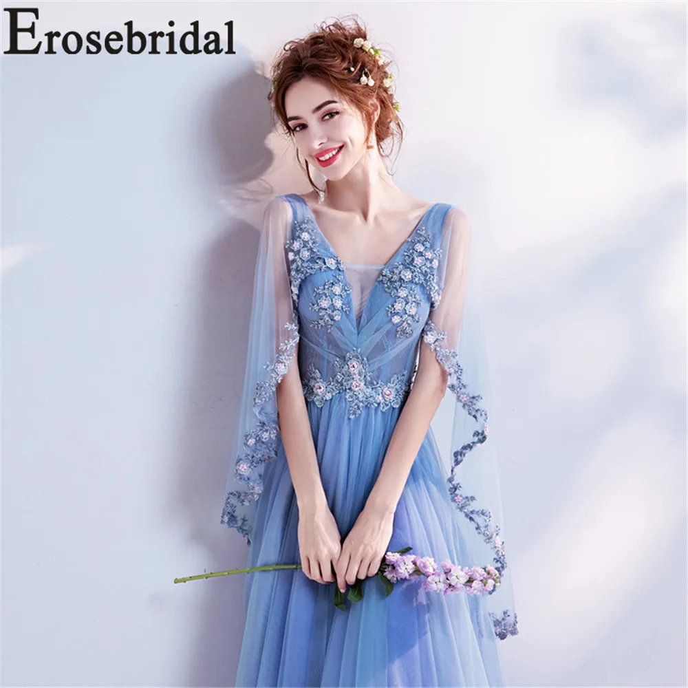 Женское вечернее платье Erosebridal длинное синее с глубоким v образным вырезом