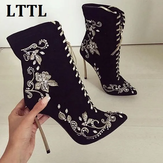 LTTL New Black Suede Crystal Stiletto Heels Ankle Boots Embroider Floral Lace-up Winter Sexy Pointed Toe High Heels Shoes Woman