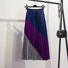 Весна осень женские с высокой талией клетчатые лоскутные плиссированные юбки High Street до середины икры с эластичной талией в полоску женские длинные юбки