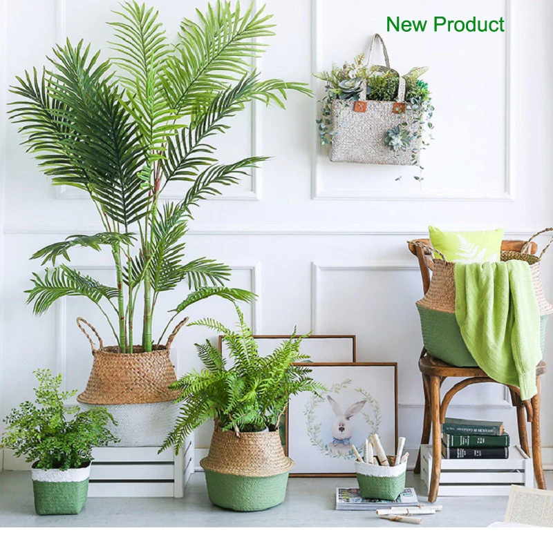 

WHISM Foldable Seagrass Laundry Basket Wicker Baskets Hanging Rattan Garden Flower Pots Toy Storage Straw Basket cesto mimbre