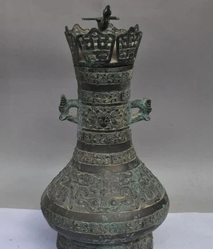 

19"old china bronze animal beast head statue Zun Cup Bottle Vase Jar Tanks Crock