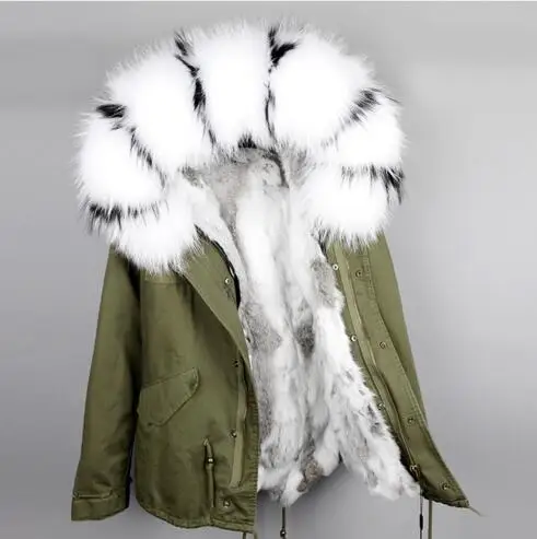 Зимние jacket2019 Модные женские армейский зеленый воротник из меха енота, куртка-парка с капюшоном, верхняя одежда Съемная подкладка из кроличьего меха - Цвет: Color 17