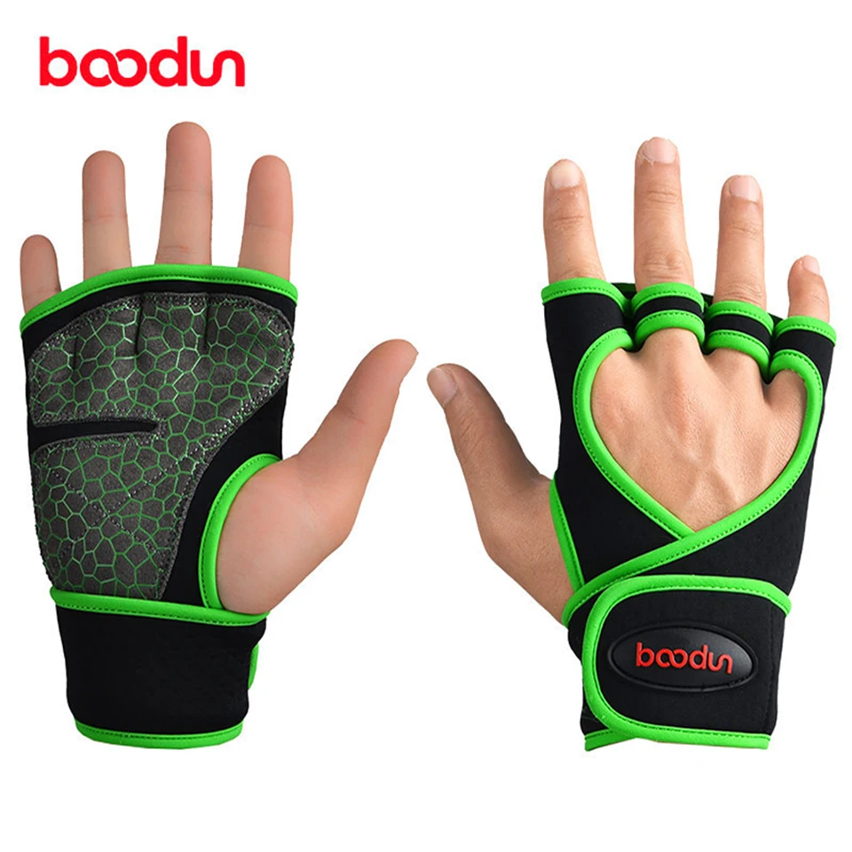 BOODUN для мужчин и женщин фитнес с половиной пальца перчатки для занятий тяжелой атлетикой Профессиональный с расширенным браслетом для