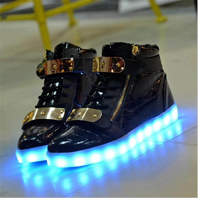 

2017 LED Flash Luminous Light Up Shoes Adults Man Shoes Tinsel Zipper Man Shoes Unisex Hot Fashion High Shoes men 11 LED Color