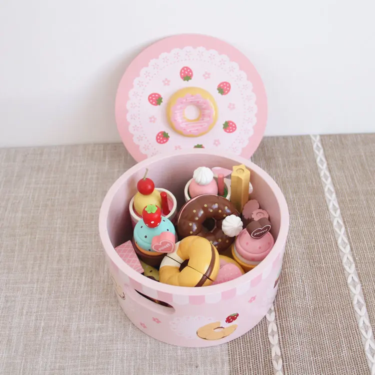 Baby Toys Strawberry Simulation Doughnut Set Wooden Toys For Kids Afternoon Tea Cake Child Educational Birthday Gift