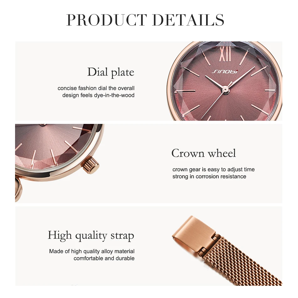 SINOBI элегантные женские часы с бриллиантами из нержавеющей стали, японские кварцевые часы с механизмом, женские розовые золотые наручные часы, Montre Femme 19