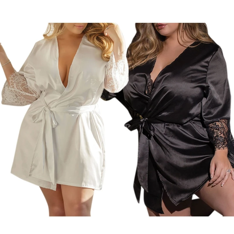 

Plus Size Lace Patchwork Women Bride Robe Sexy Lingerie Solid Color Ice Silk Kimono Wedding Party Robes Nightgown Sleepwear