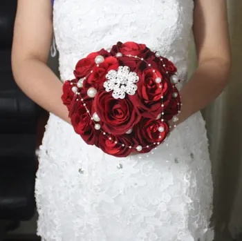 

Red Wedding Bouquet Handmade Rose Pearls Diamonds Bride Holding Flower Favors Wedding Flowers Bouquets