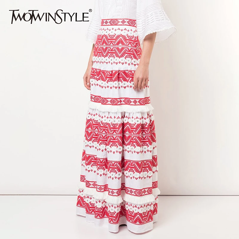 

TWOTWINSTYEL Vintage Tassel Skirt For Women High Waist Print Button Patchwork Maxi Skirts Female 2019 Fashion Summer New