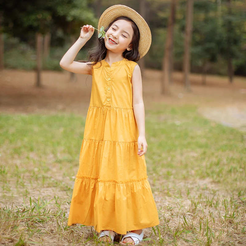 

Ruffles Sleeveless Swing Long Dress for Girl Casual Cotton Dress Preppy Style Loose Beach Dress Kids